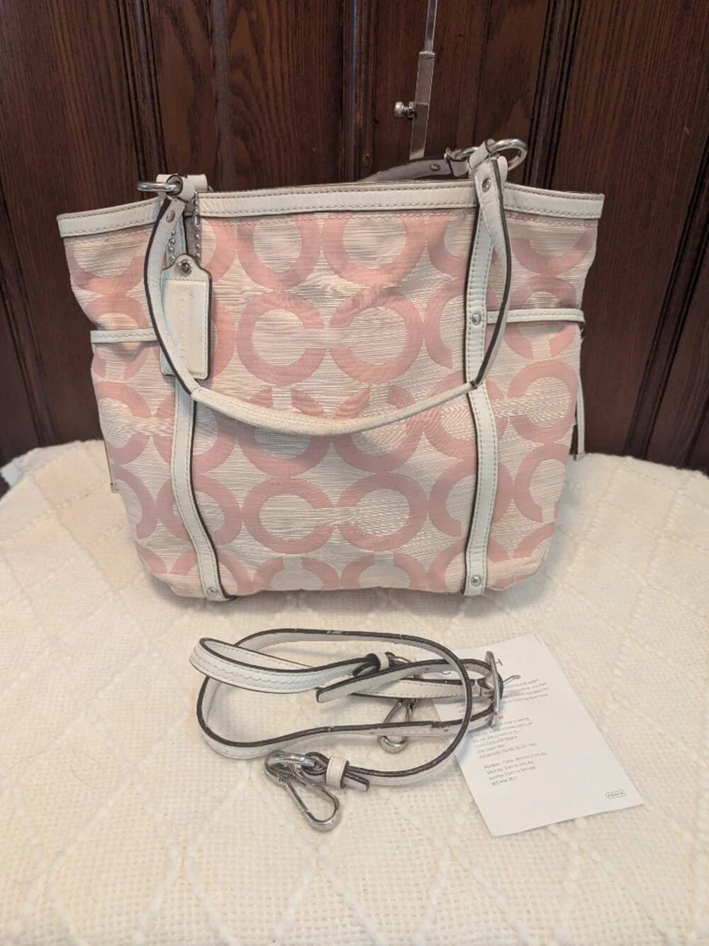 Coach Audrey Op Art Shantung Signature Pink & White Tote Crossbody 19572